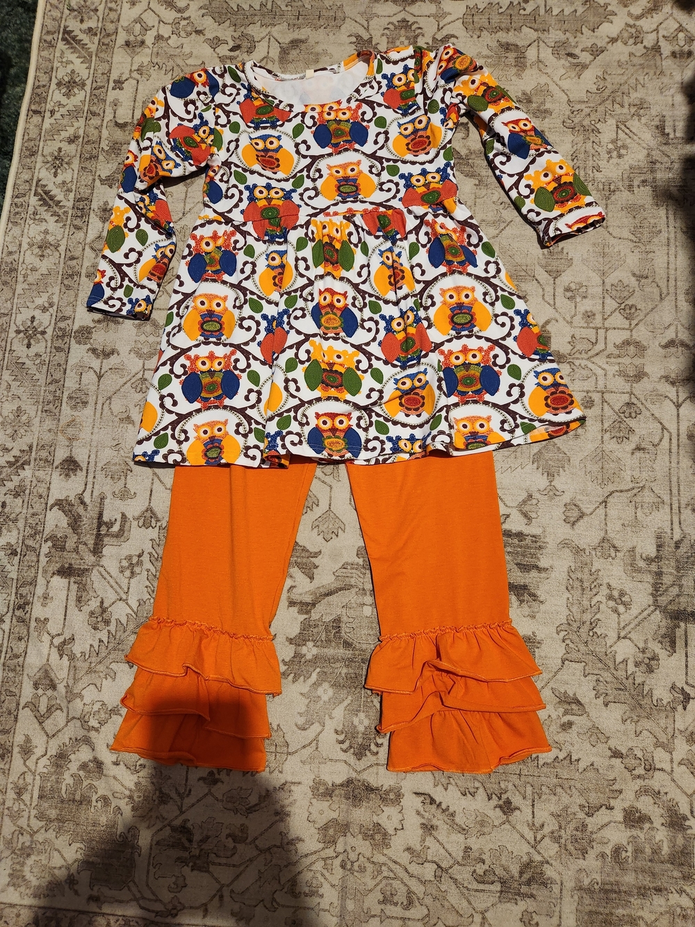 Girls Orange Owl Print Tunic with Orange Ruffle Pants - Kids Matching Set